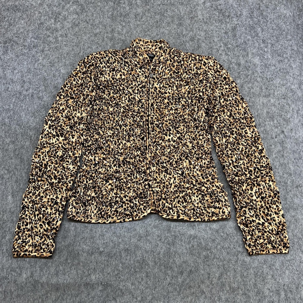 MSK Jacket Womens Small Brown Leopard Sequin Satin Full Zip Evening Party